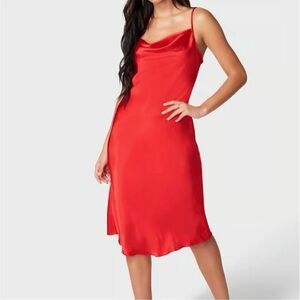 Gorgeous Bebe Red Satin Silky Sexy Cowl Neck Slip Midi Dress